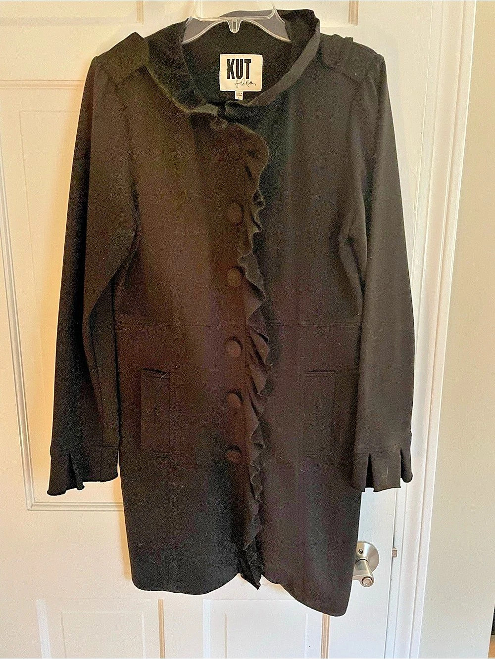 KUT from the Kloth Black Ruffle Front Coat Size Large